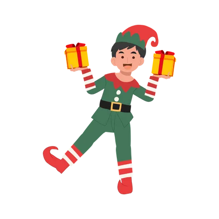 Cute Young Christmas Elf Boy With Present Box Illustration