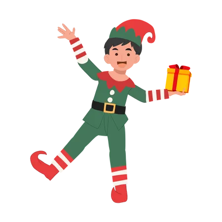 Cute Young Christmas Elf Boy With Present Box Vector Illustration Illustration