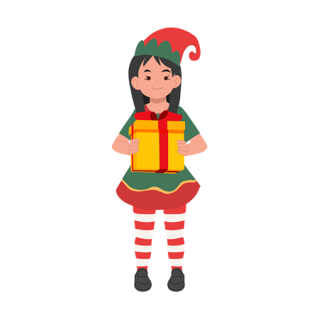 Cute christmas elf boy with present box  Illustration
