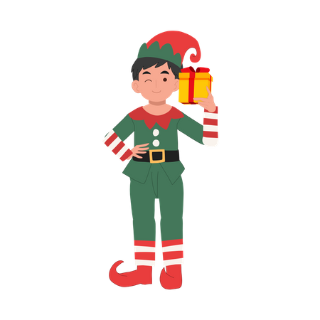 Cute christmas elf boy with present box  Illustration