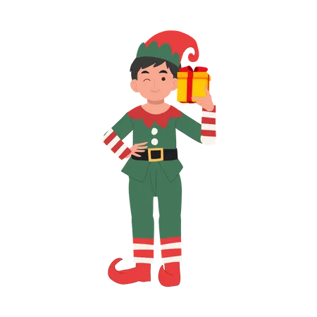 Cute christmas elf boy with present box  Illustration