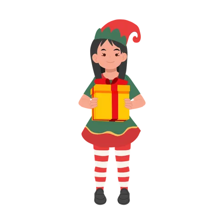 Cute christmas elf boy with present box  Illustration