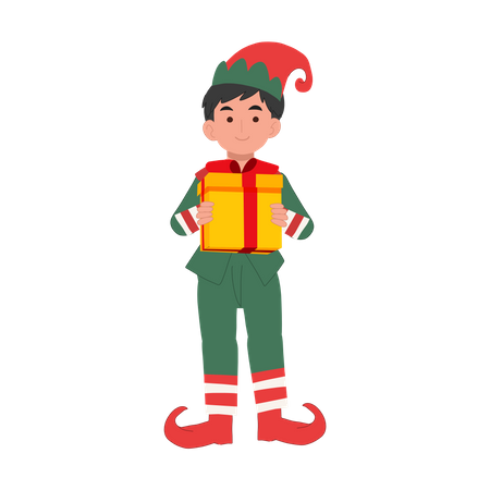 Cute christmas elf boy with present box  Illustration