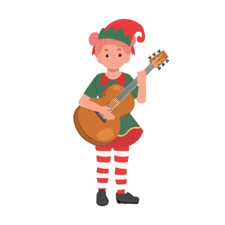 Cute Young Christmas Elf Girl Is Playing Guitar Vector Illustration Illustration
