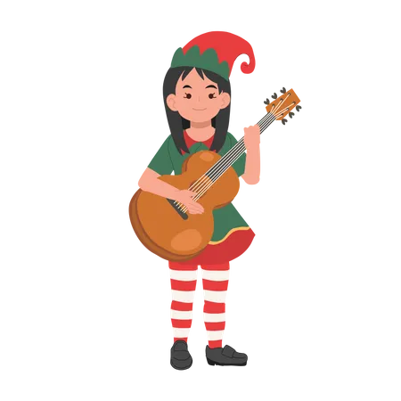 Cute christmas elf girl is playing guitar  Illustration