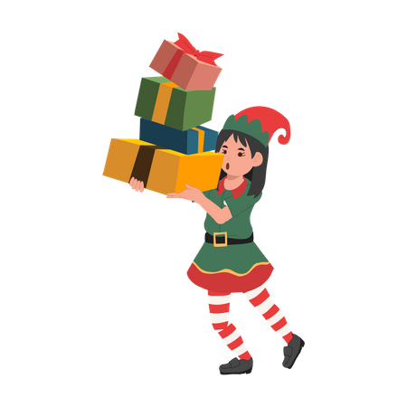 Cute christmas elf girl with a lot of present boxes  Illustration