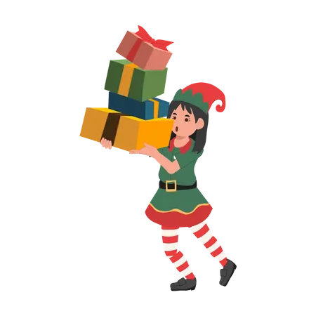 Cute Young Christmas Elf Girl With A Lot Of Present Boxes Vector Illustration Illustration