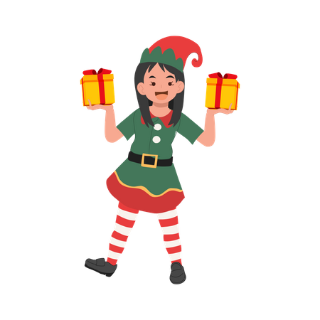 Cute christmas elf girl with present box  Illustration