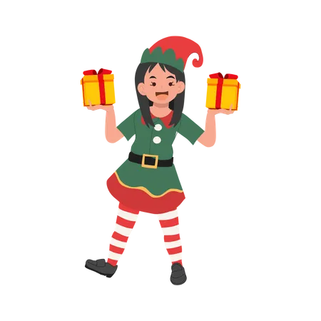 Cute Young Christmas Elf Girl With Present Box Illustration