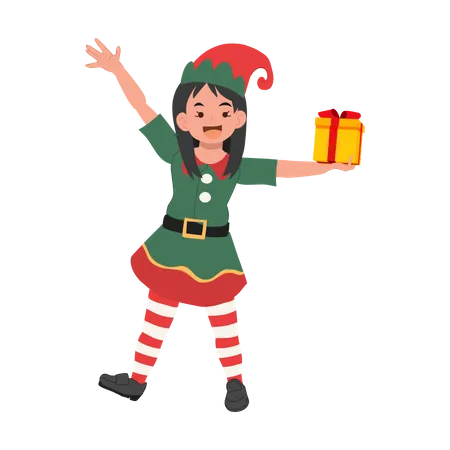 Cute Young Christmas Elf Girl With Present Box Vector Illustration Illustration