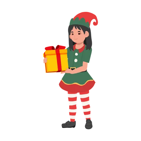 Cute christmas elf girl with present box  Illustration