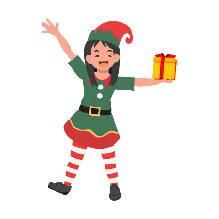 Cute  christmas elf girl with present box  Illustration