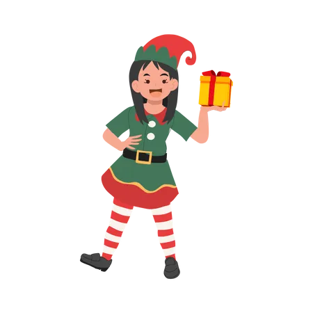 Cute christmas elf girl with present box  Illustration