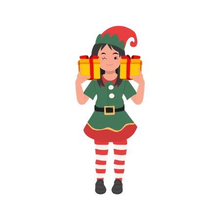 Cute christmas elf girl with present box  Illustration