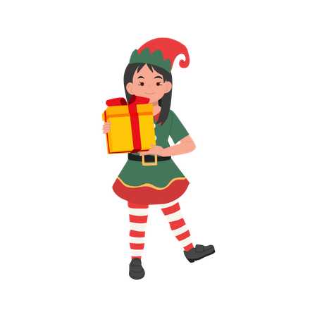 Cute christmas elf girl with present box  Illustration