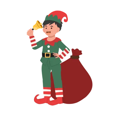 Cute Young Christmas Elf Kid Is Ringing The Bell Vector Illustration Illustration