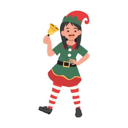 Cute Young Christmas Elf Kid Is Ringing The Bell Vector Illustration Illustration