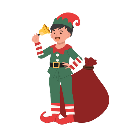 Cute christmas elf kid is ringing the bell  Illustration