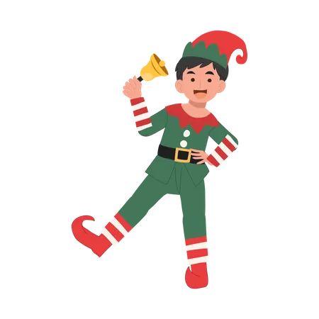 Cute christmas elf kid is ringing the bell  Illustration