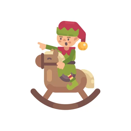 Cute Christmas Elf Riding A Rocking Horse  Illustration