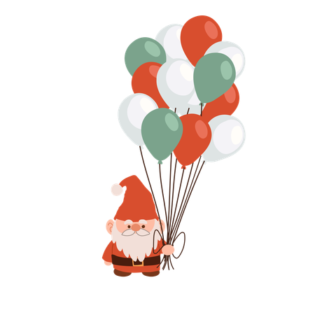 Cute Christmas gnome  with holiday balloons in festive colors  Illustration