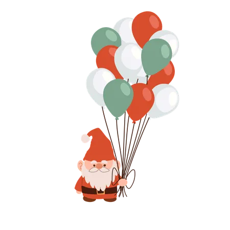 Cute Christmas gnome  with holiday balloons in festive colors  Illustration