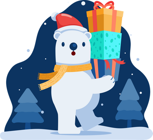 Cute Christmas Polar Bear with Gifts Box  Illustration