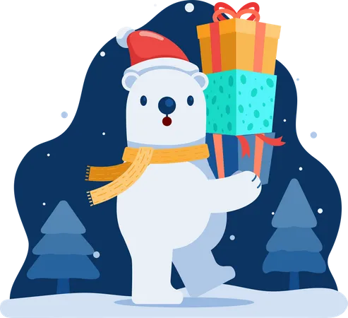 Cute Christmas Polar Bear With Gifts Box Merry Christmas And Happy New Year Concept Illustration