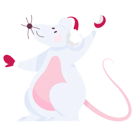 Cute Christmas Rat Animal Character Holding Festive Stuff 2020 Year Symbol Holding A Snow Ball In Mittens Isolated Vector Illustration In Flat Style Illustration