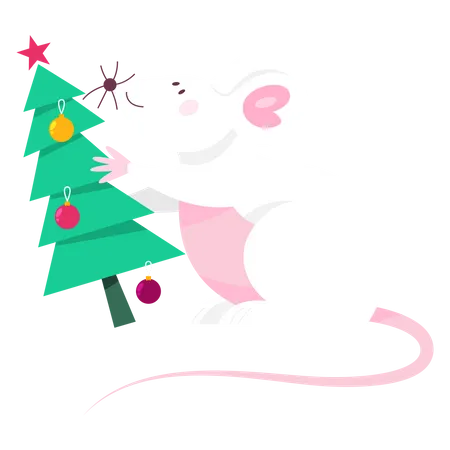 Cute Christmas rat holding christmas tree Illustration