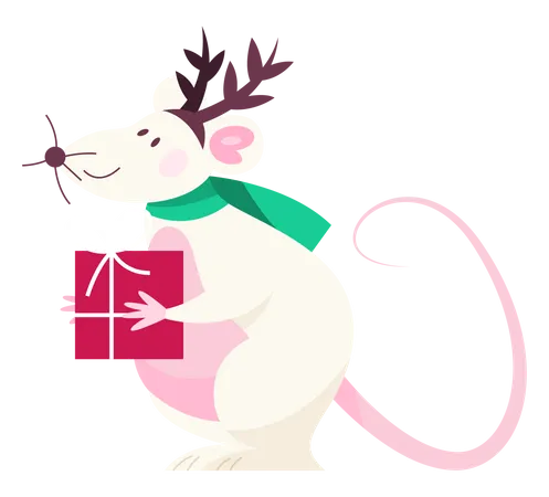 Cute Christmas Rat Animal Character Holding Festive Stuff 2020 Year Symbol Holding A Box With Present Isolated Vector Illustration In Flat Style Illustration