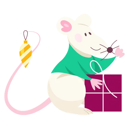 Cute Christmas Rat Animal Character Holding Festive Stuff 2020 Year Symbol Holding A Box With Present Isolated Vector Illustration In Flat Style Illustration