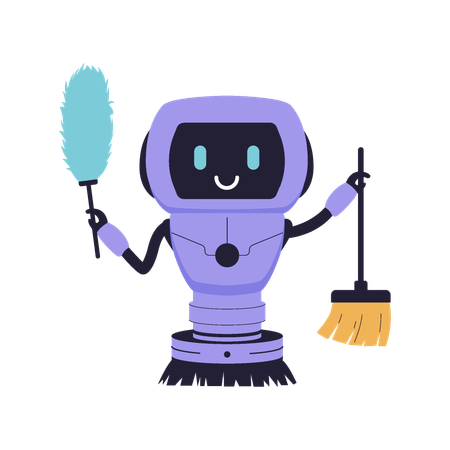 Cute Cleaning Robot with Duster and Broom  Illustration