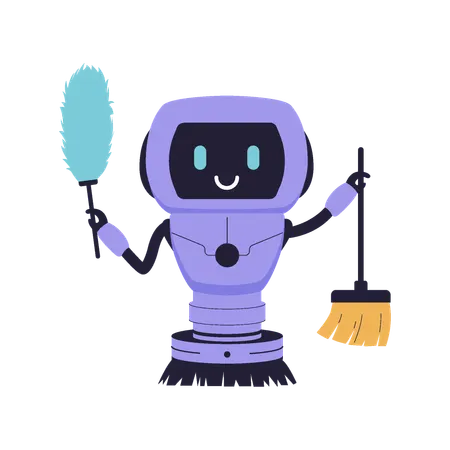 Cute Cleaning Robot with Duster and Broom  Illustration