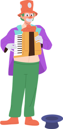 Cute clown wearing funny costume playing melody on accordion music  Illustration