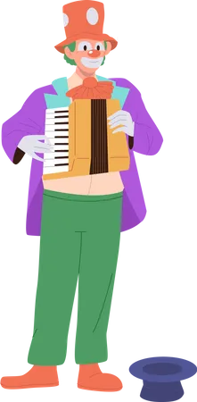Cute clown wearing funny costume playing melody on accordion music  Illustration
