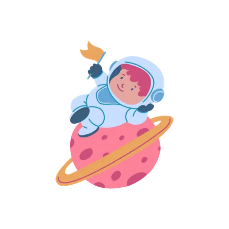 Cute cosmonaut kid lies on the Saturn planet  Illustration