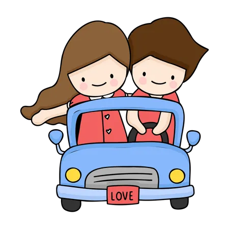 Cute Couple Driving Car  Illustration