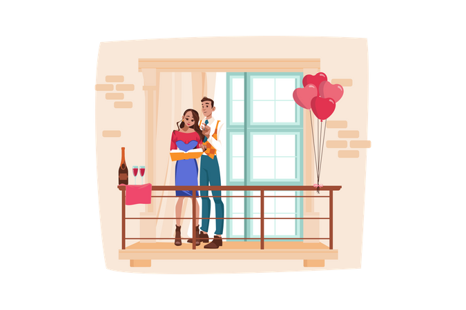 Cute Couple Standing On Balcony Illustration