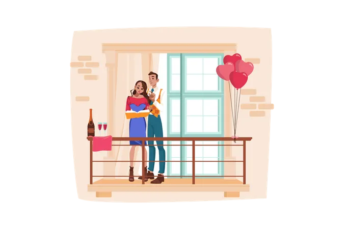 Cute Couple Standing On Balcony  イラスト