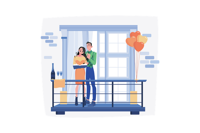 Cute Couple Standing On Balcony  イラスト
