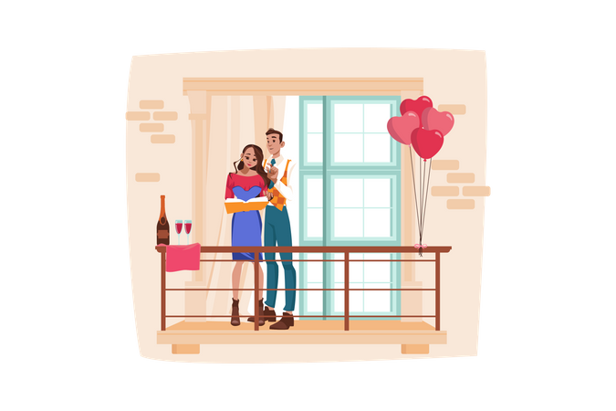 Cute Couple Standing On Balcony  Illustration