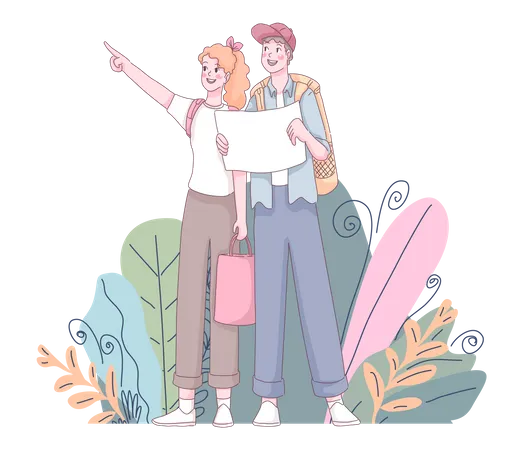 Young Cute Couple With Map And Backpacks Holiday Vacation Travel And Adventure Concept Summer Landscape Background Poster Design Style Cartoon Character Flat Vector Illustration Illustration