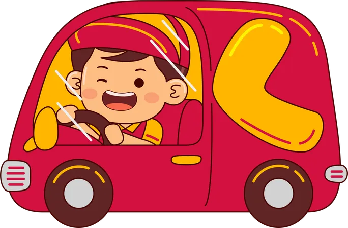 Cute Courier Boy Riding Delivery Truck  Illustration