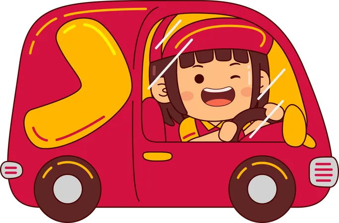 Cute Courier Girl Riding Delivery Truck  Illustration