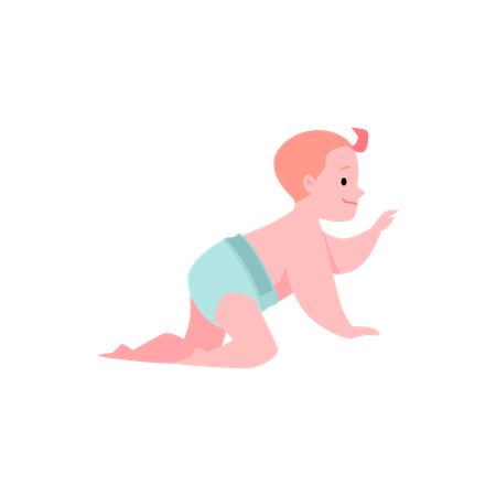 Cute crawling baby boy in diaper with raised hand side view  Illustration