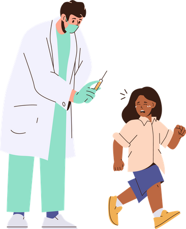 Cute crying girl afraid of injections running from doctor pediatrician holding vaccine syringe  Illustration