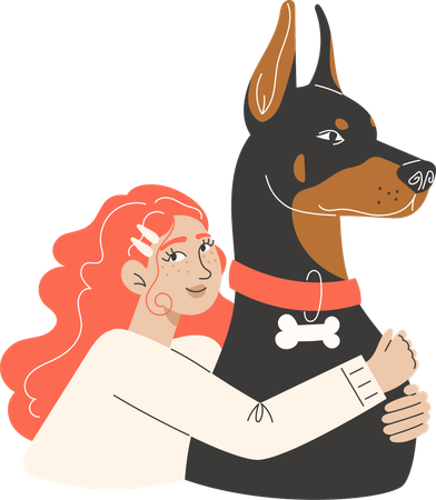 Cute curly red-haired girl hugs a big Doberman dog  Illustration