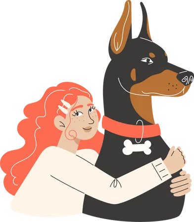 Cute curly red-haired girl hugs a big Doberman dog  Illustration