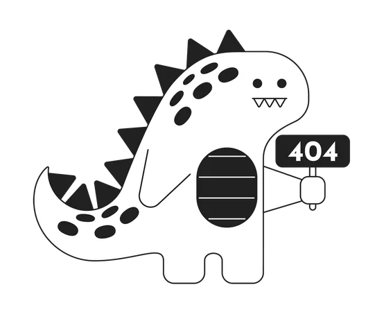 Cute dinosaur holds sign black white error 404  Illustration